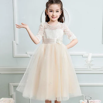 

2017 Girl Bud silk long sleeve flower girl dresse kids Autumn party Night Princess wedding dress for 4-12 yrs girls clothing