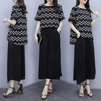 

Plus Size 5xl Striped Women's Summer Suit Chiffon Two Piece Set Wide Leg Pants Ensemble Femme Deux Pieces Top&pants Set Ukraine