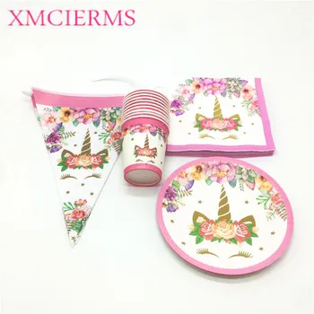 

Pink Unicorn Theme Cup Plate Napkin Flag Baby Shower Kid Birthday Party Decoration Set For Family Party Wedding Supply 50Pcs/Lot