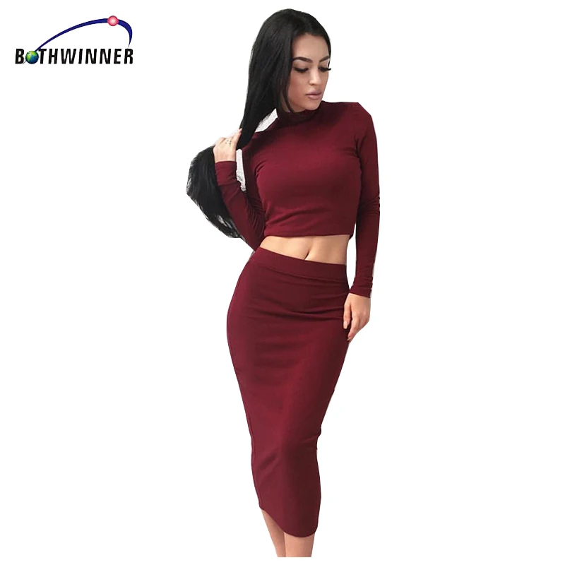 Bothwinner 2 Pieces Bandage Elegant Two Piece Outfits Set Dresses Women Pencil Winter Long Sleeve Midi Clothes | Женская одежда
