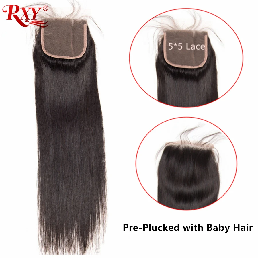 RXY перуанские прямые кружева Закрытие 5x5 швейцарские кружева Remy человеческие волосы на заказ с сеткой с детскими волосами натуральный черный цвет "-20"