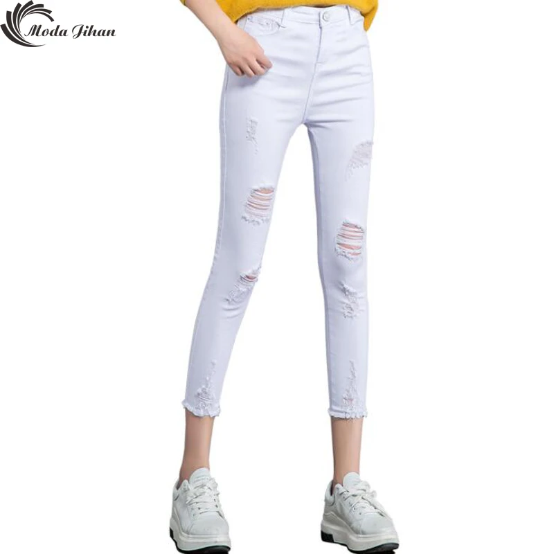 

Moda Jihan Women`s Pencil Pants Burgundy Mid High Waist Stretchy Ripped Skinny Jeans Pants For Woman Plus Size Calf Length Pants