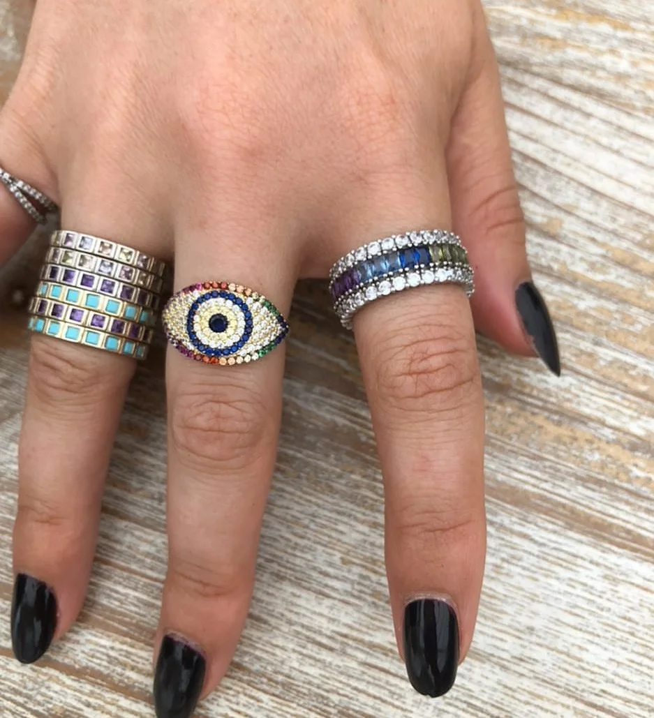 

rainbow colorful cz paved turkish evil eye ring for women Bohemia boho Trendy female jewelry size 5 6 7 8 rings