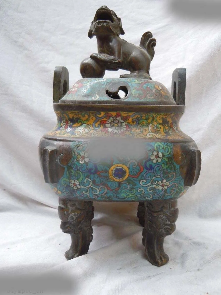 

12" China pure bronze cloisonne finely carved Foo Dog quadripod Incense Burner