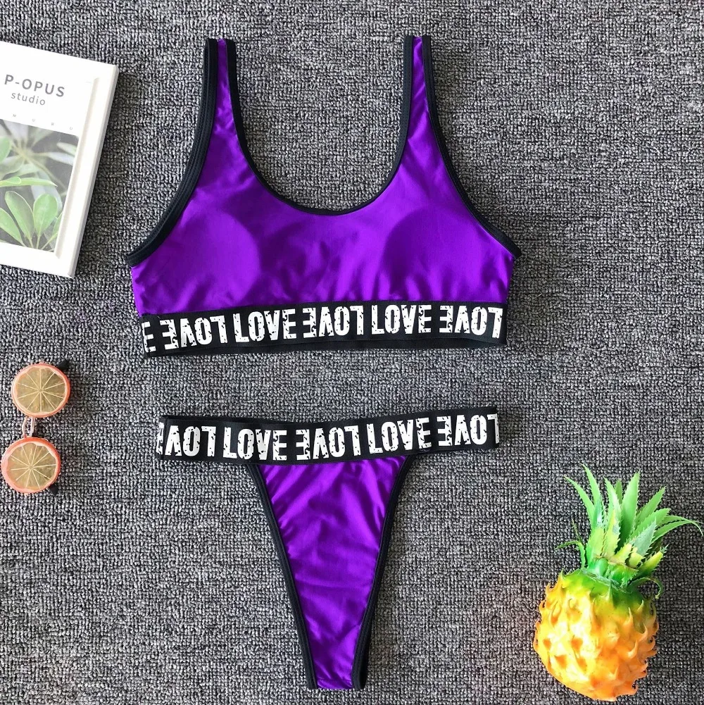 Women Biqiuni Set Soild and Letter Print Bathing Suits Sport Wide Strap Swimsuit Top With Cut Out Thong Bikini 2 Color Size L 10