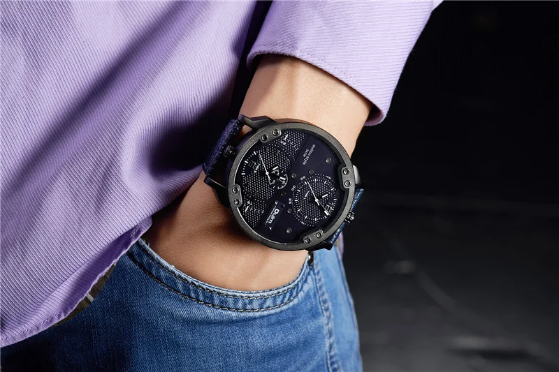 Oulm HP3548M Two Time Zone Big Men's Watches Luxury Brand Large Dial Casual Leather Strap Wristwatch Man Sport Watch