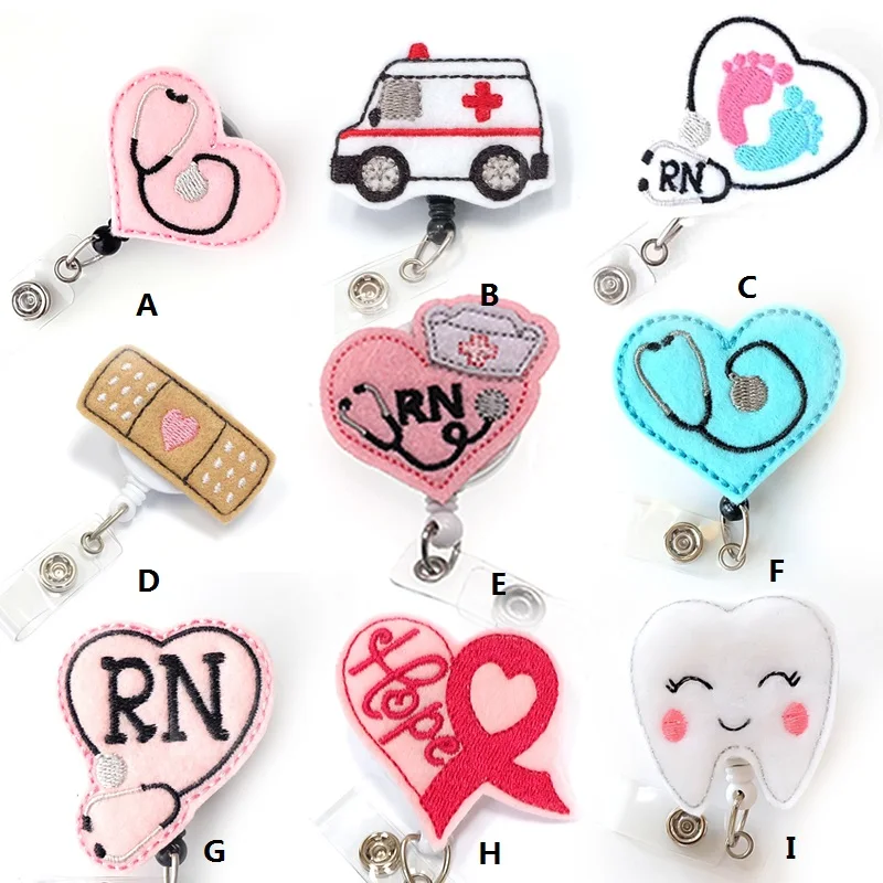 

10pcs/lot 9kinds Cheap Felt handmade knitting new design Stethoscope medical RN nurse Retractable id badge holder reel clip