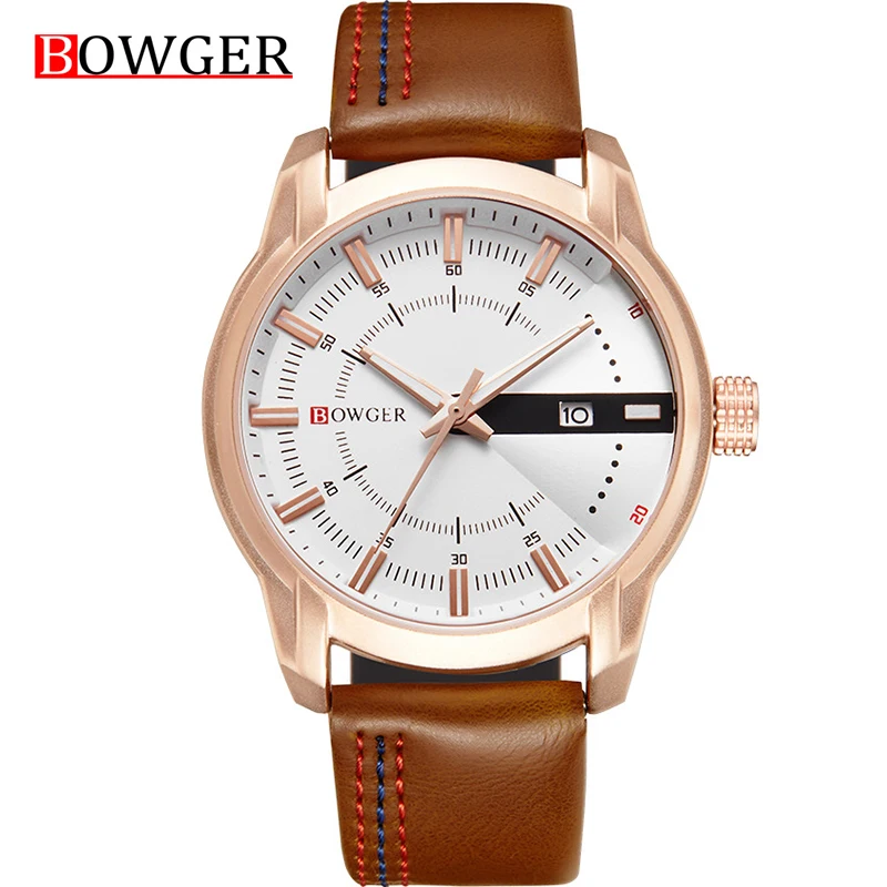 

Casual Date Business Male Wristwatches Clock Montre Homme Top Brand Luxury BOWGER Fashion Leather Strap Quartz Men Watches