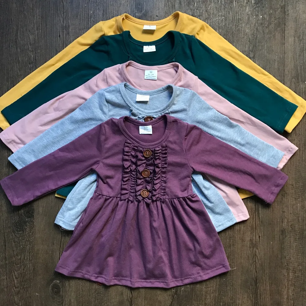 

Spring/Winter baby girls children clothes cotton long sleeve dress multy solid color ruffle mustard pink boutique outfits