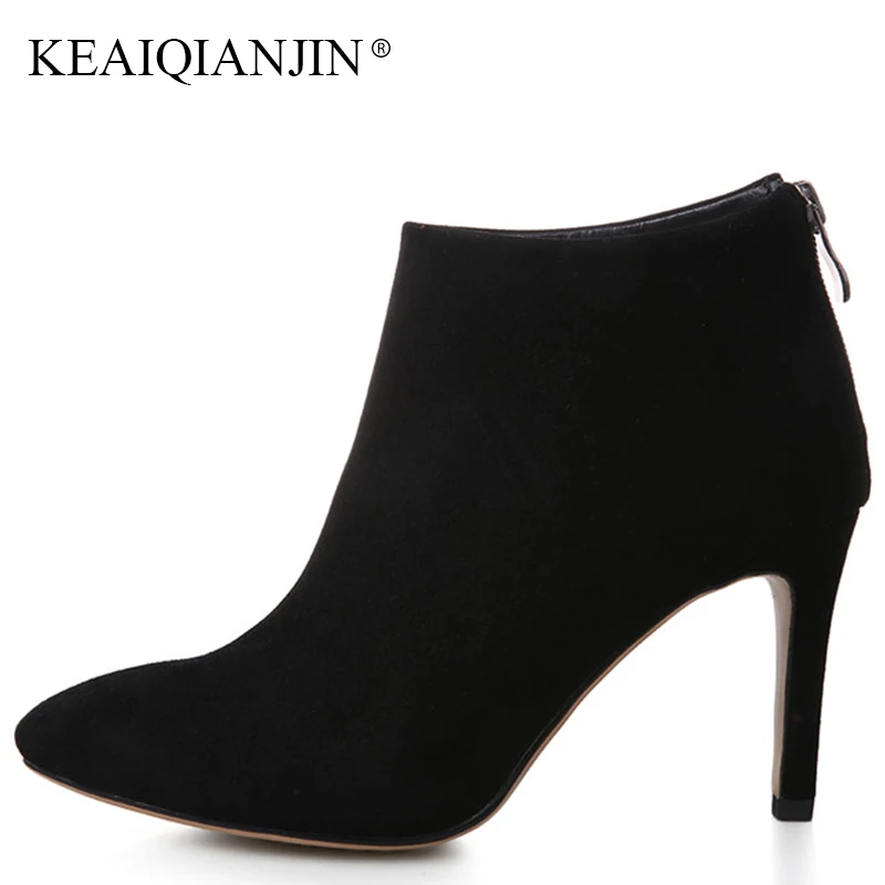 

KEAIQIANJIN Women's Genuine Leather Martin Ankle Boots Pointed Toe Chelsea Boots Plus Size 33 Autumn Winter Red High Heele Shoes