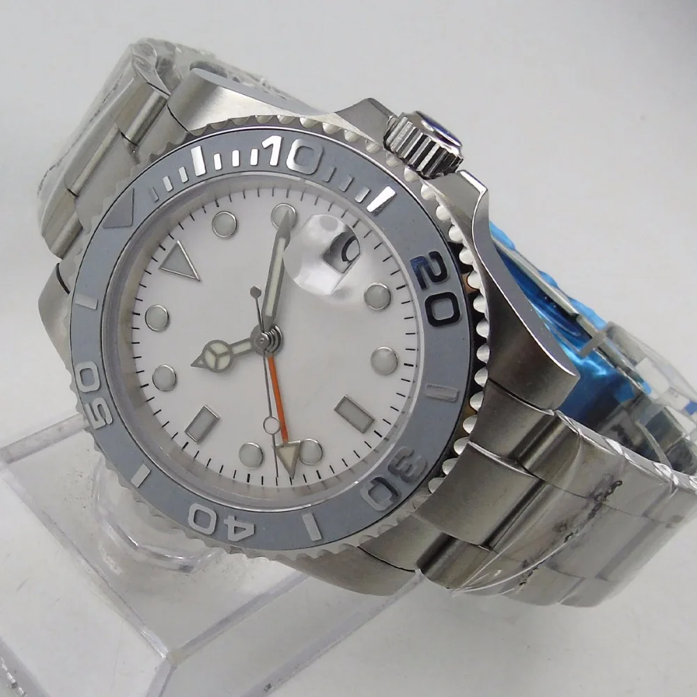 

Sapphire Glass 40mm Automatic Men's Watch No Logo Dial Auto Date Ceramic Bezel GMT Function Stainless Steel Strap