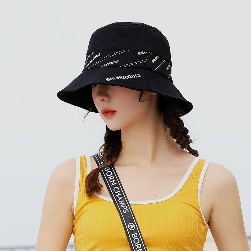 

Patchwork Letters Bucket Hat Women Flat Hats Casual K Pop Casquette Hip Hop Cap Black Color Summer Soft Fishing Sun Hat Panama