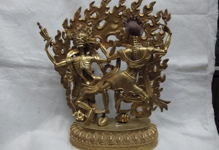 

150624 S2098 15 Tibet Pure Bronze Copper 24K Gold Gild Two death's-head God Buddha Statue