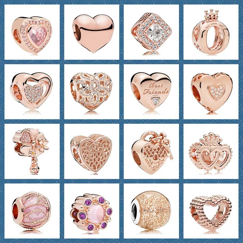 

100% Silver 925 Jewelry Original Model 1:1 Fine With Romance Logo Heart Interlocked Crowned Glitter Charm Beaded Birthday Gift