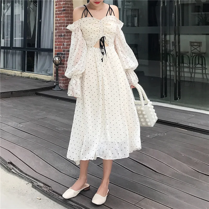 

Summer Clothes Hollow Out Long Sleeve Dresses Wave Point Spaghetti Strap Dress Chiffon Sweet Bandages Bow Strapless Dress