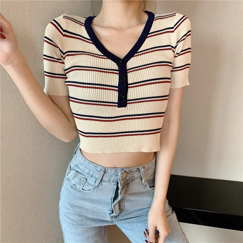 

Women Striped Short Sleeve V-neck Knitted T-Shirts O-Neck Cropped Thin Hollow Out Buttons Cropped Tshirt Crop Top For Female