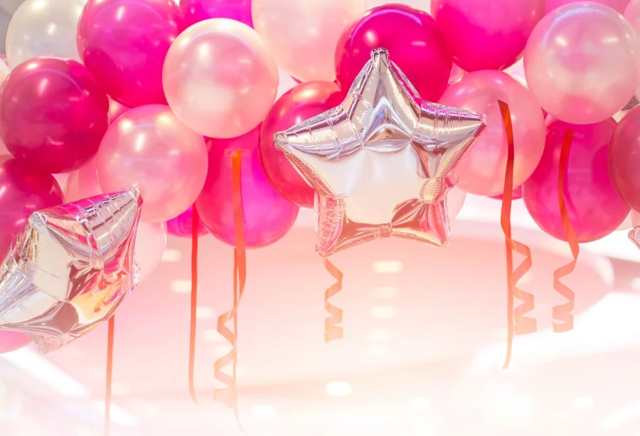 

Laeacco Pink Backdrops Balloons Star Ribbon Light Boekh Kid Birthday Party Children Portrait Background Photocall Photo Studio
