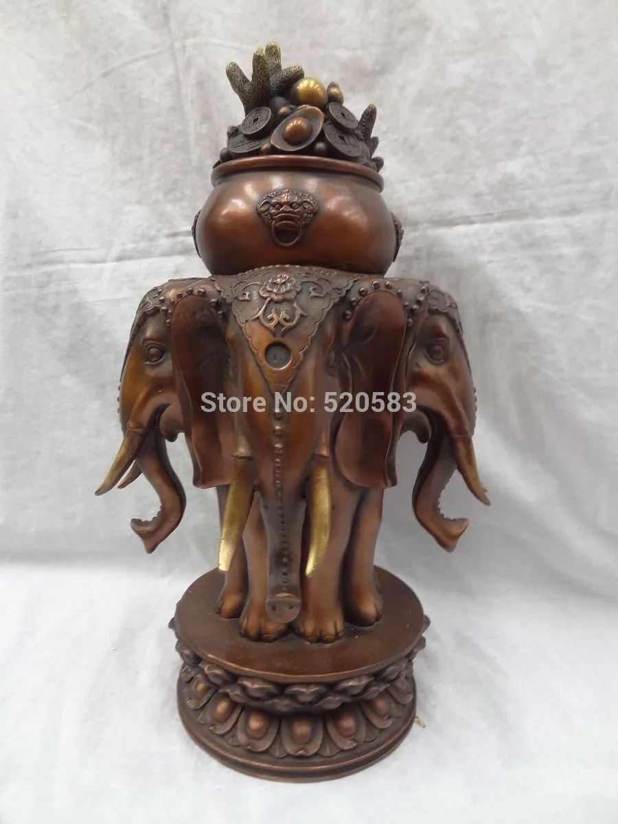 

14" China Pure Bronze YuanBao Wealth Treasure Bowl On Elephant Head Lotus Statue