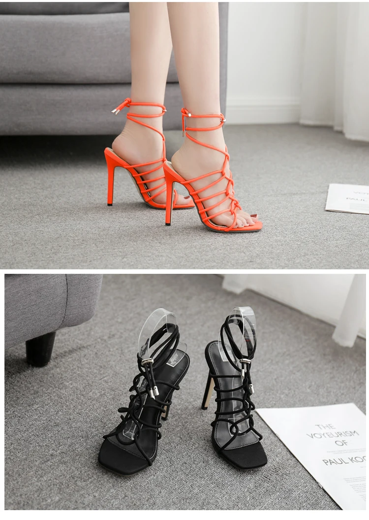 Aneikeh/ г. Новые модные женские офисные босоножки из PU искусственной кожи офисная обувь на высоком тонком каблуке, с квадратным носком, с тонким ремешком, черного и оранжевого цвета, размеры 35-42