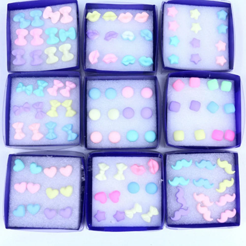 

6 pairs/ set! Resin Stud Earrings Heart/Pinks Cheap Jewelry For Children Bijoux Colorful Popular Pattern Earrings Gift