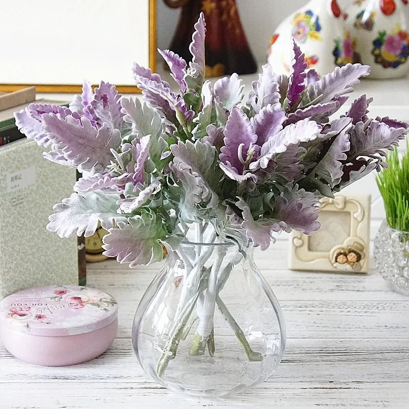 

Artificial plant flocking senecio cineraria branch floral arranging green leaves home wedding decoration