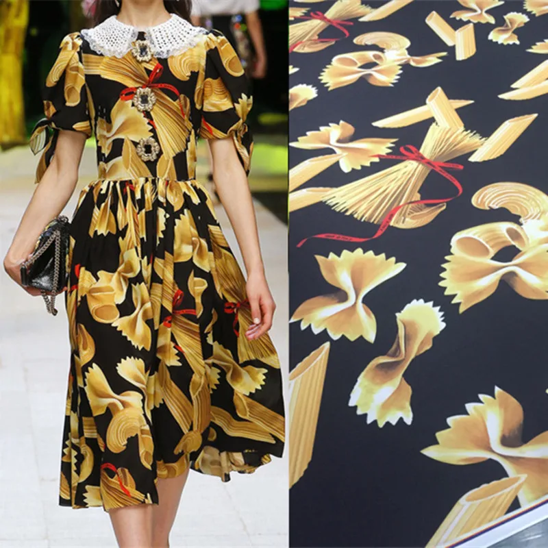 

FFLACELL 2 Meters Pasta Food Printed Fabric Women long Dress Fabric Noodles Polyester Dress Fabric Pattern wide 140cm