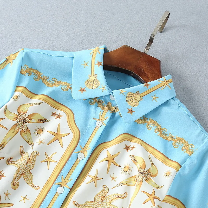 MoaaYina модный дизайнерский комплект для подиума, весенний женский комплект с принтом в виде морской звезды, лента, Повседневная Праздничная рубашка+ пляжная плиссированная юбка, комплект