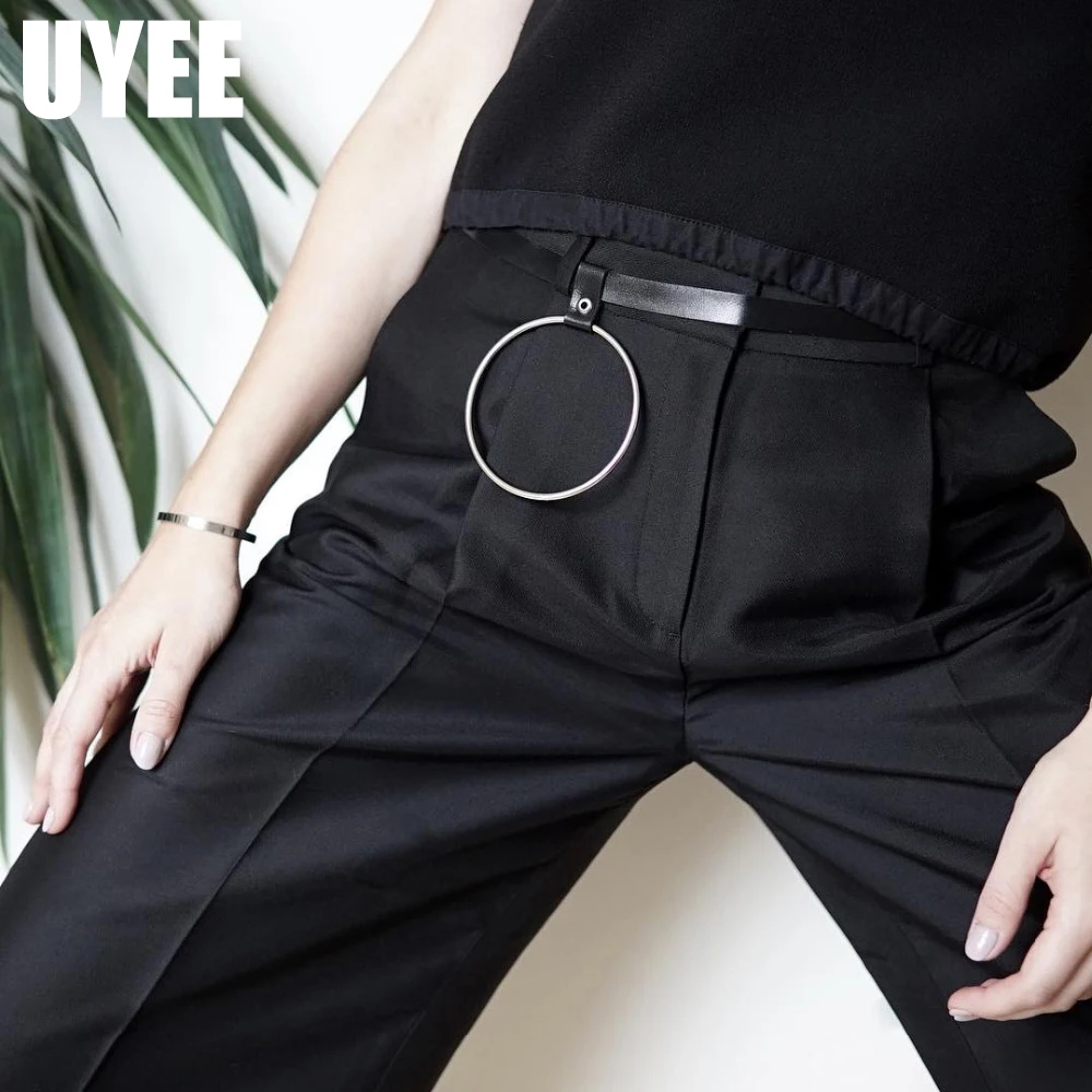 

UYEE Newest Buckle Belts Female Hot Leisure Jeans Wild Belt With Big O Ring Pin Metal Buckle Leather Black Strap Belt LZ-001