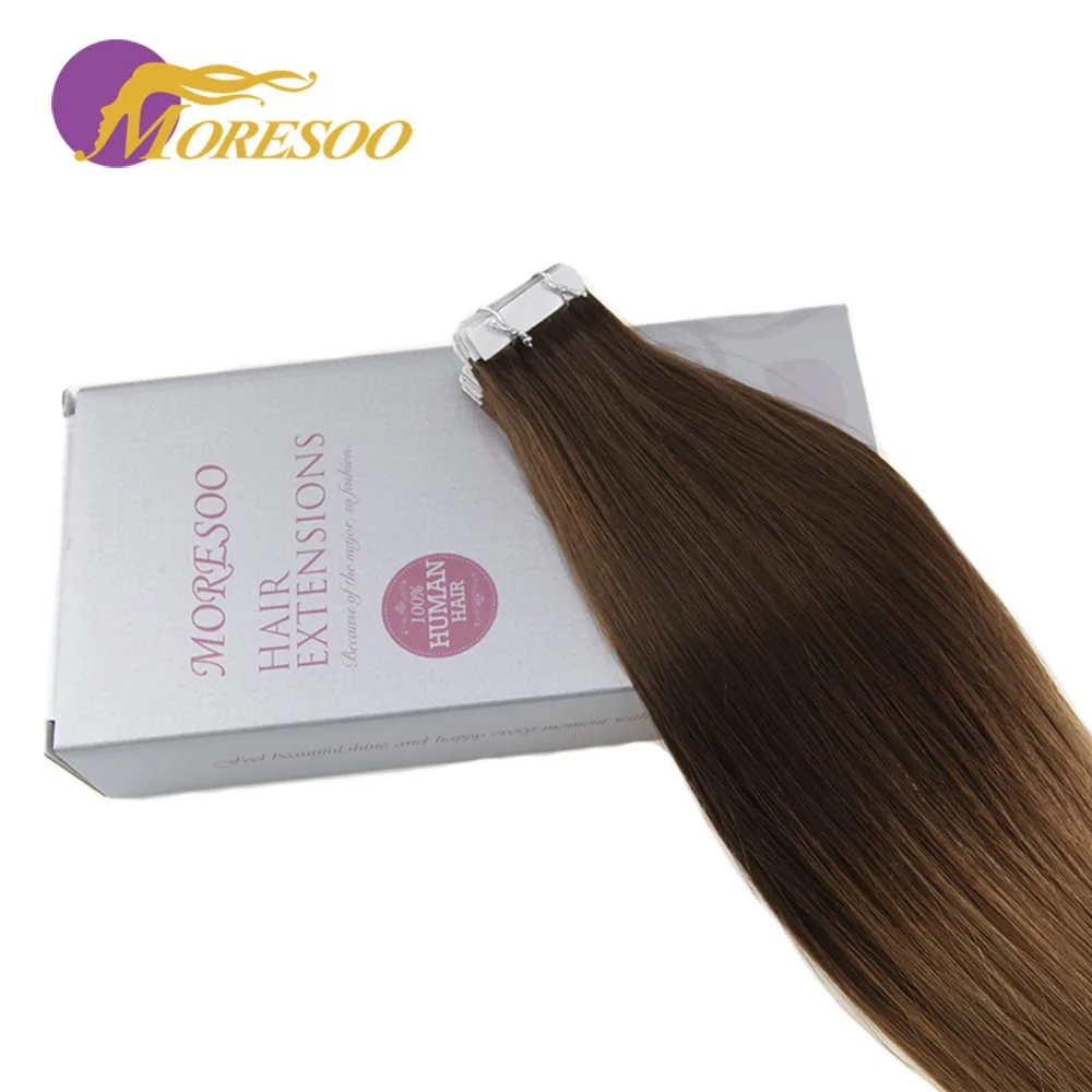 Moresoo Ombre Tape in Hair Extensions Remy Straight Hair Skin Weft Tape Color #3 Brown Fading to #6 Medium Brown Human Hair