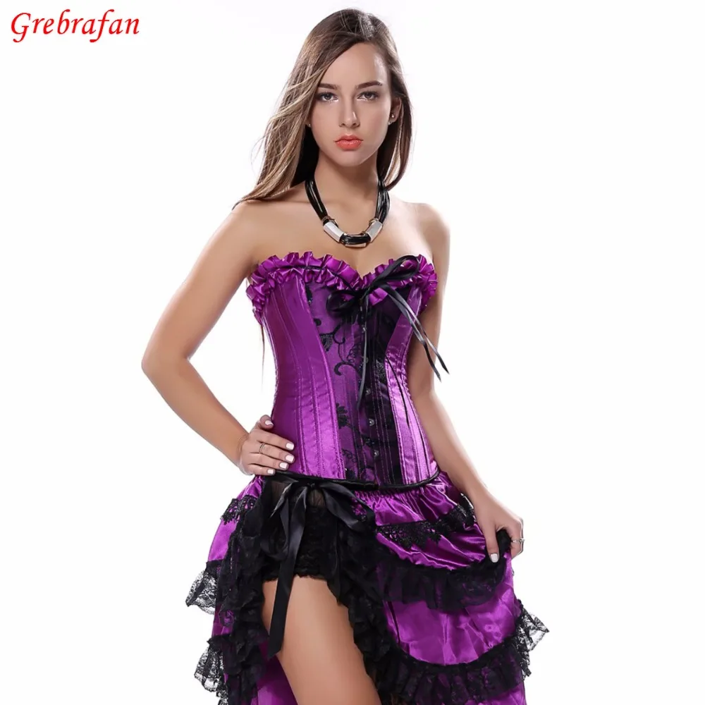 Satin Overbust Waist Trainer Corset Tutu Skirt Burlesque Dress Women