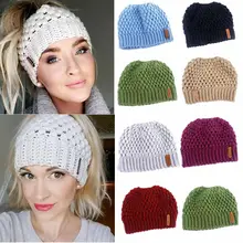 Inverno tricô chapéus de inverno chapéu feminino senhoras menina estiramento malha chapéu com tag messy bun rabo de cavalo gorro holey chapéus quentes bonés(China)