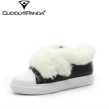 

CuddlyIIPanda 2018 Winter Pure White Velvet Women Sneakers White Plush Casual Flats Artificial Wool Hook&Loop Vulcanise Shoes