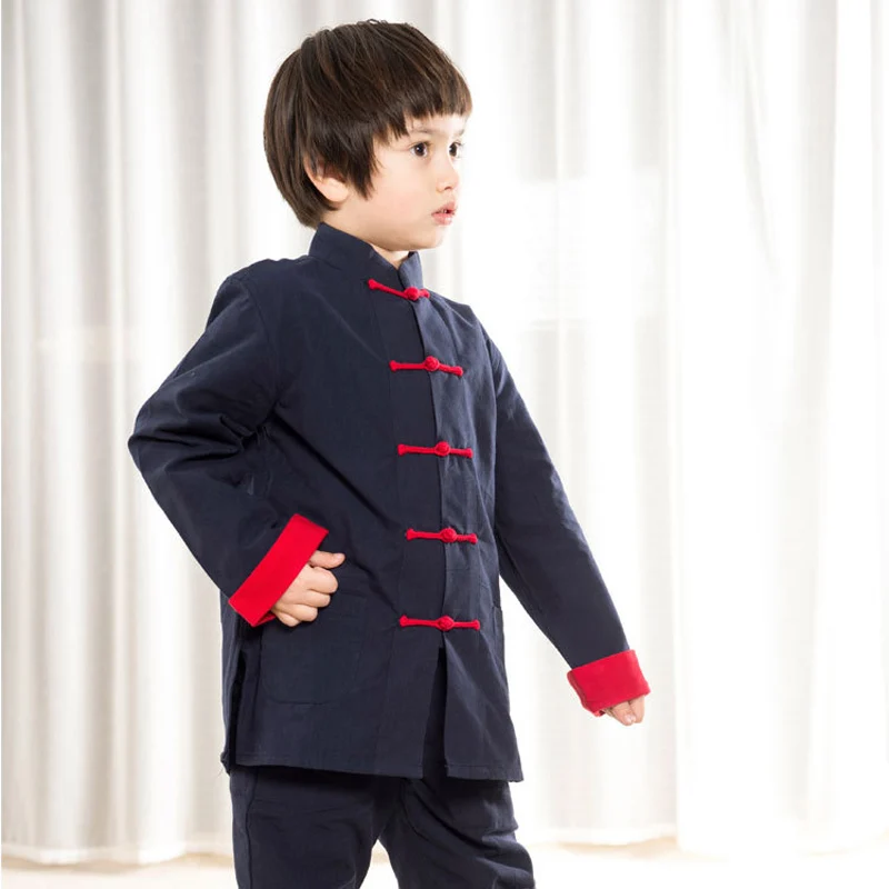 ActhInK Дети Весна Китайский Hanfu тонкое пальто для мальчиков со вставками льняная рубашка с длинным рукавом и цветами в стиле пэчворк для детей; производительность верхняя одежда, ZC026 - Цвет: Navy Blue