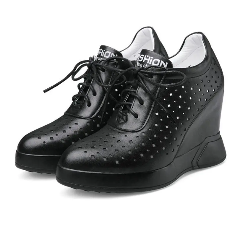

Breathable Tennis Shoes Women Genuine Leather High Heel Ankle Boots Lace Up Summer Wedges Platform Punk Pumps 2019 Trainers Shoe