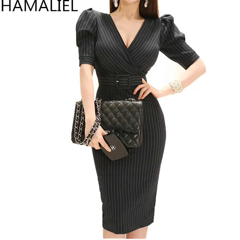 

HAMALIEL Summer Black Striped Short Sleeve Bodycon Office Dress 2018 Women Formal Sexy V Neck Sheath Pencil Sashes Work Dress