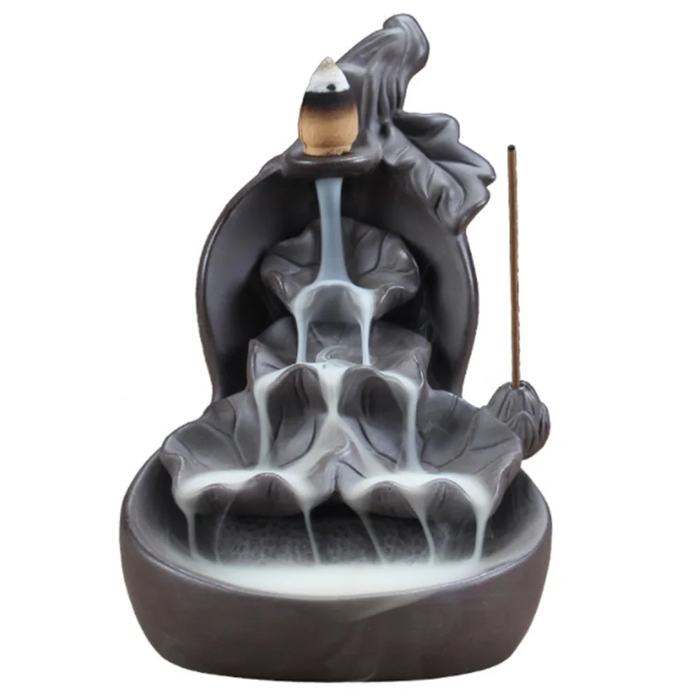 Smoke Backflow Ceramic Incense Burner Cone Stick Holder Censer Black