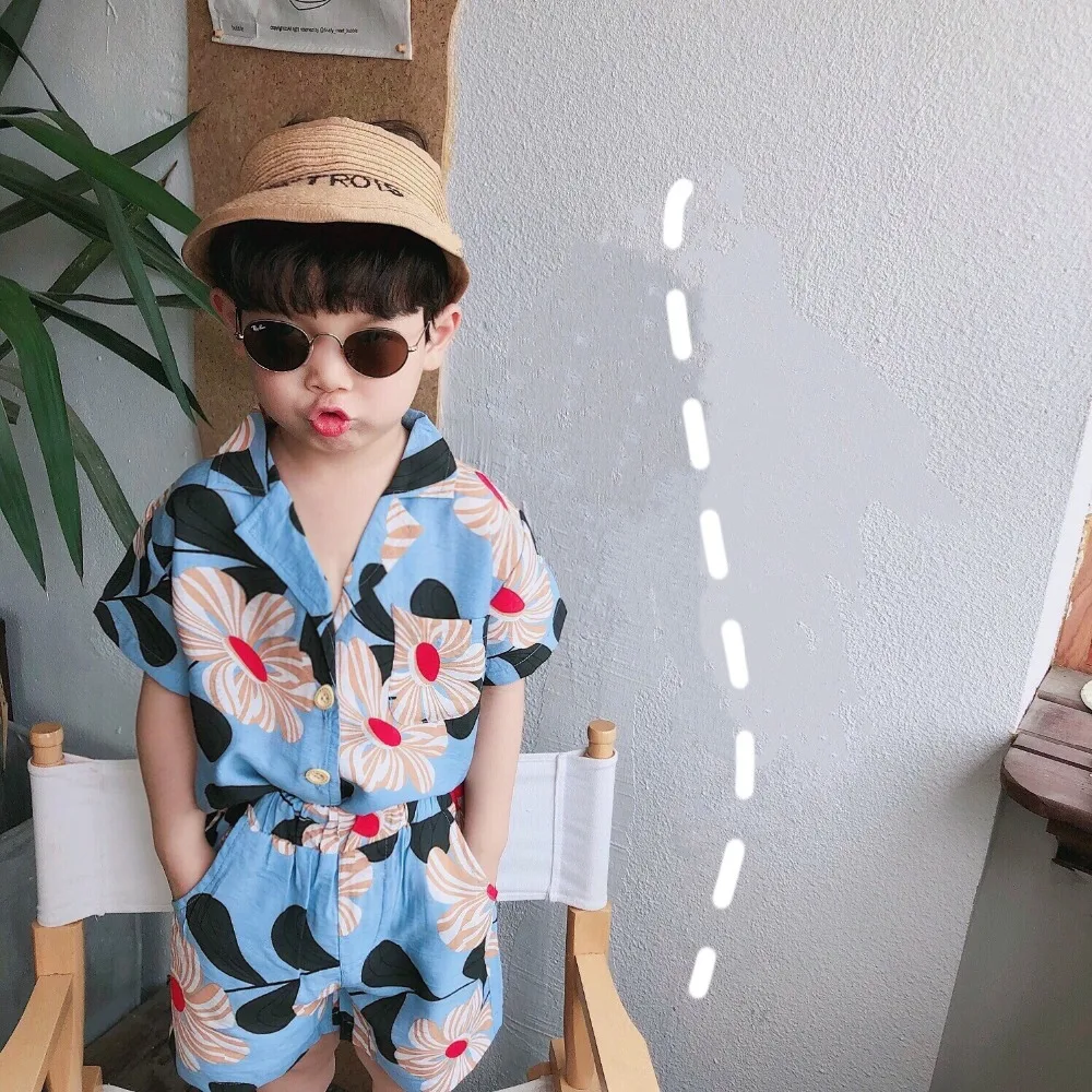 Humor Bear/летние праздничные пляжные комплекты одежды с цветочным принтом для мальчиков детские хлопковые трикотажные крутые однобортные футболки+ шорты, комплекты из 2 предметов для мальчиков