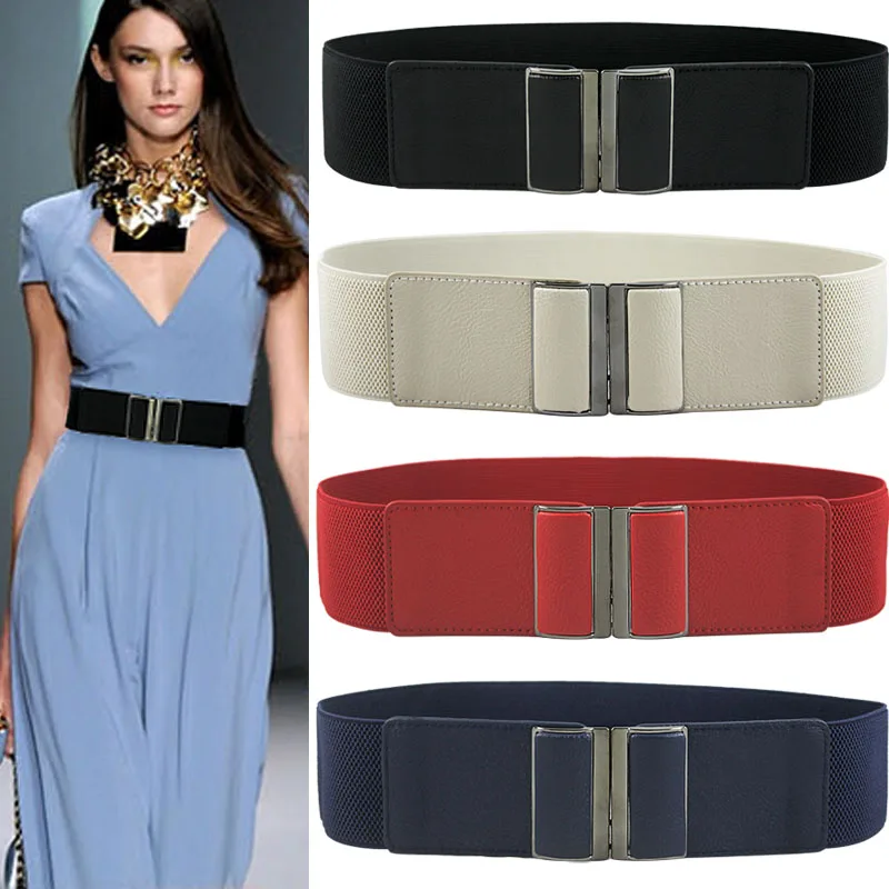 Lady Wide Fashion Waist Belt With Silver Buckle Thick Elasticated Stretch Belts