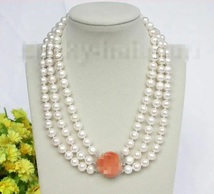 

Free shipping hot sale Women Bridal Wedding Jewelry >>natural 17" 10mm 3row round white pearls necklace 925 silver coral clasp