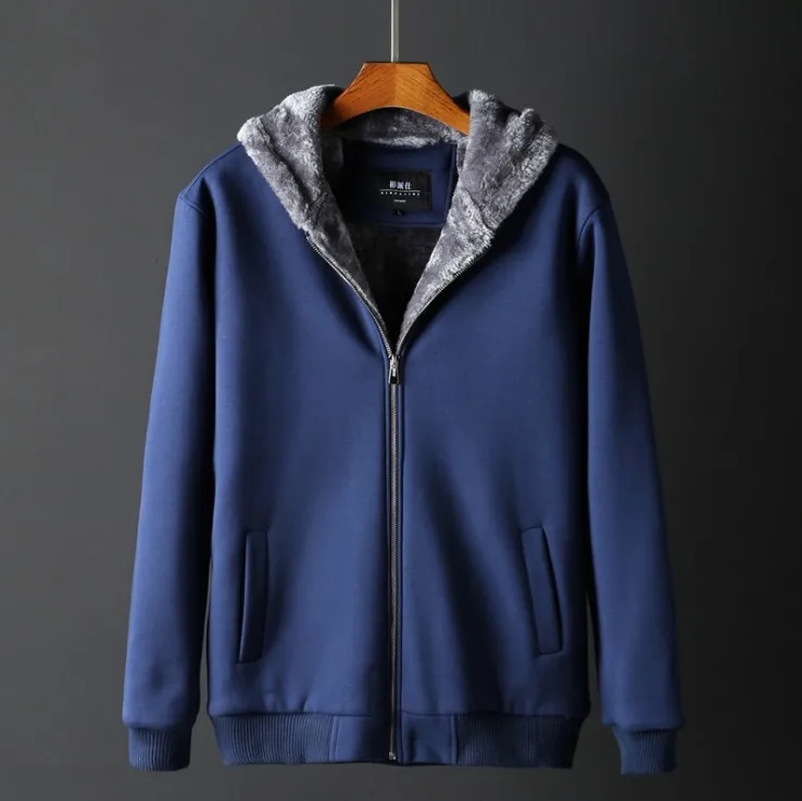 Autumn Winter Thick Warm Plus Size Hoodies Men Long Sleeve Velvet Casual Sweatshirt Jacket Mens Hooded Zipper Coat Xl5104 - Цвет: Синий