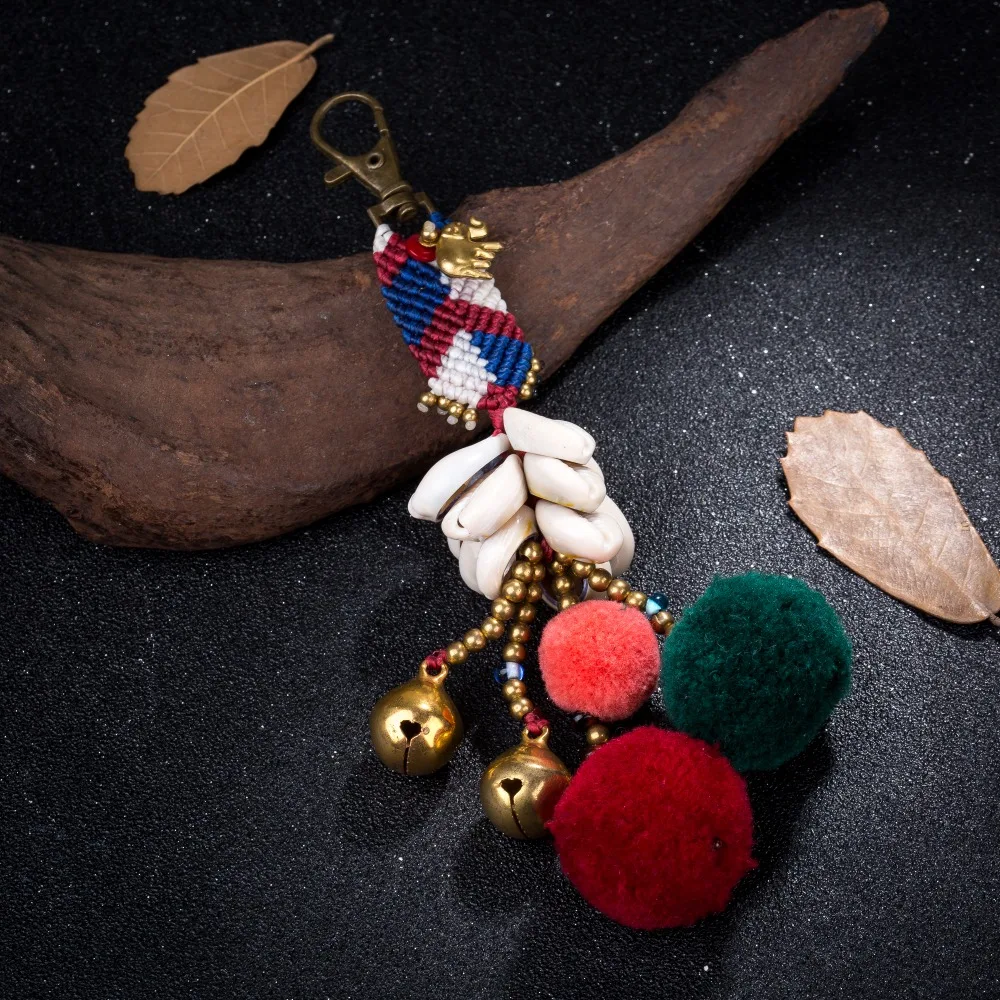 

AMOURJOUX 2018 Handmade Knitting Pompom Tassel Shell Charm Key Chains For Women Men Bohemian Trinket Keyrings Car Keychain