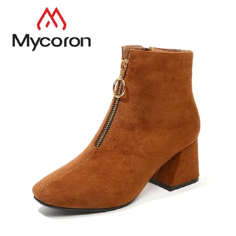 

MYCORON 2018 Women Zipper Comfortable Square Heel Ankle Shoes Fashion Square Toe Keep Warm Winter Women Boots Buty Damskie
