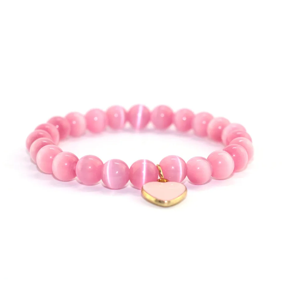 

2019 Women Fashion Bracelet Pink Cat's Eyes Beaded Bracelets Sweet Heart Pendant Girls Gifts for Friends Natural Stone Jewelry