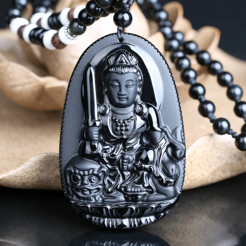 

Belwide natural Obsidian pendant Pendant Necklace Manjusri rabbit guardian light natal Buddha Pendant