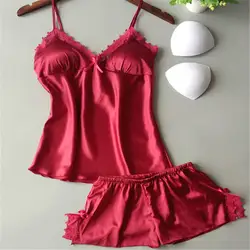 Для женщин пижамы Sexy Satin Pajama Set Черное кружево v-образным вырезом пижамы без рукавов милый Cami футболка и шорты 4 цвета