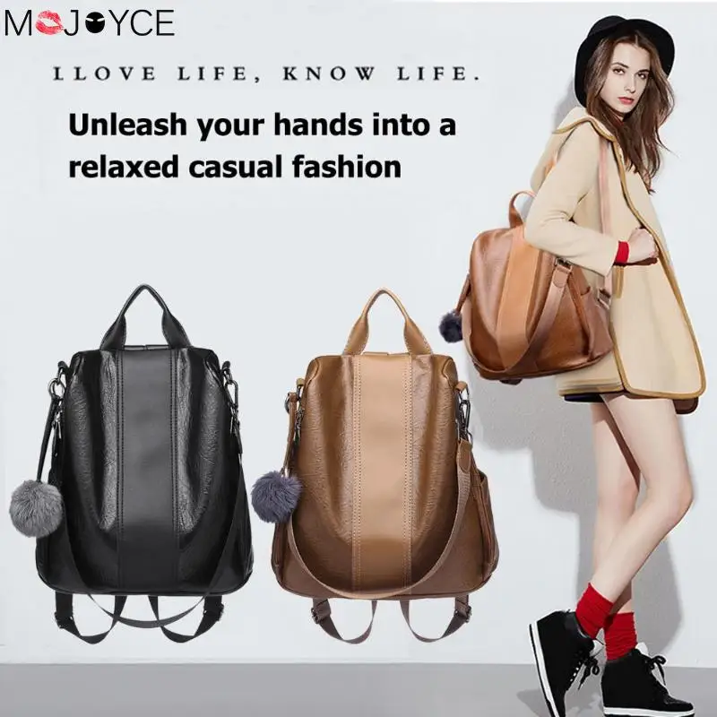 

Women Fashion PU Backpack Solid Color Knapsack Women Large Backpacks Anti-theft PU Leather Rucksack Girl School Bag