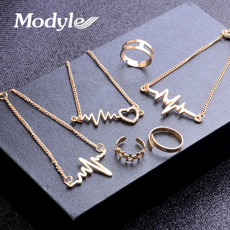 

Modyle 2019 New 6pcs/set Gold Color Heartbeat Pendant Necklace Open Ring Jewelry Set for Woman