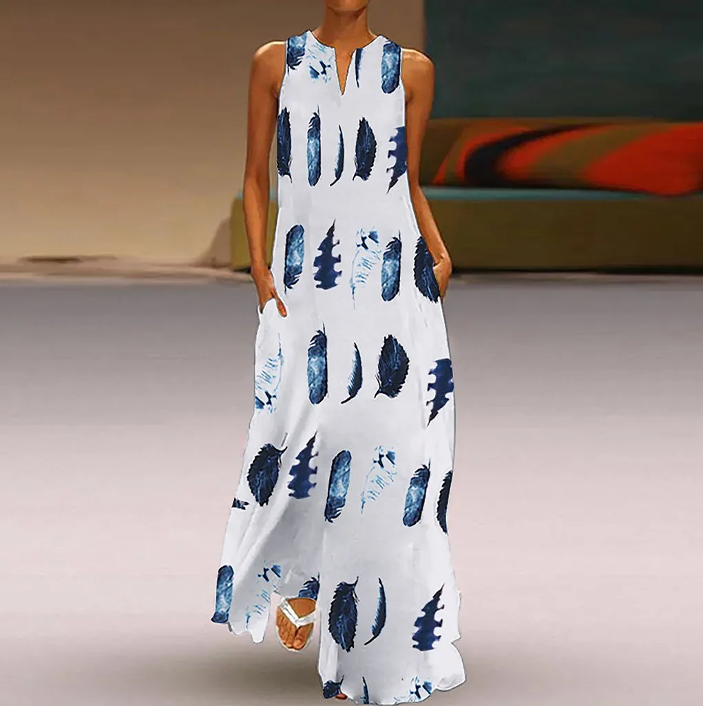 

V-Neck Autumn Plus Size Maxi Dress Women Bohemian Feather Print Sleeveless Loose Bohemian Dresses For Women 2019 Casual Clothing