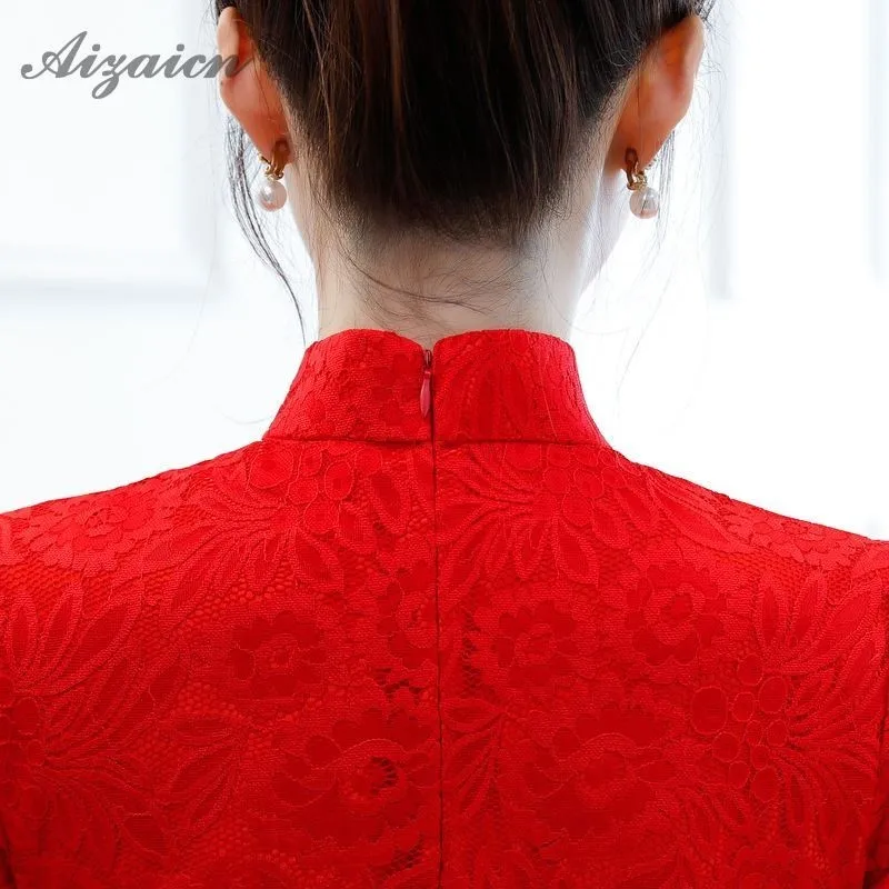 2019 летние новые кружевные платья чонсам, современные красные платья Qi Pao, Женская традиционная одежда в китайском стиле, Женская Роба в