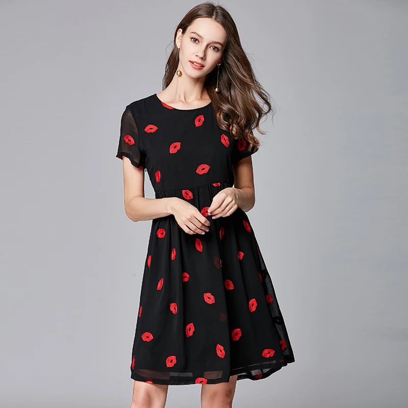 2019 plus size women red lips embroidery summer dresses short sleeves 2019 plus size women red lips embroidery summer dresses short sleeves